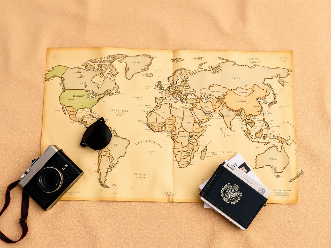Travel essentials laid over a vintage world map