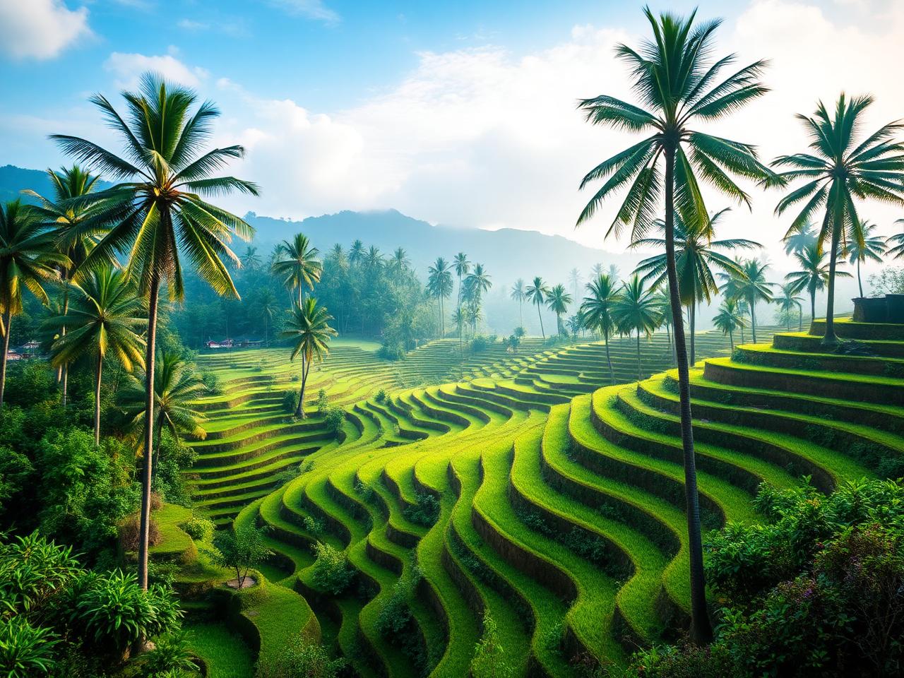 Tropical Bali rice terraces with palm trees