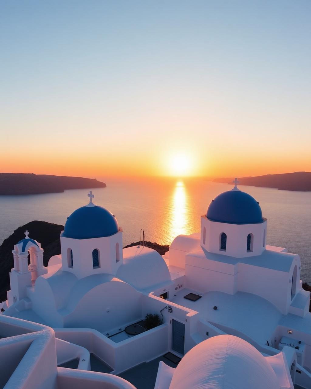 Santorini blue domes overlooking the Aegean at sunset
